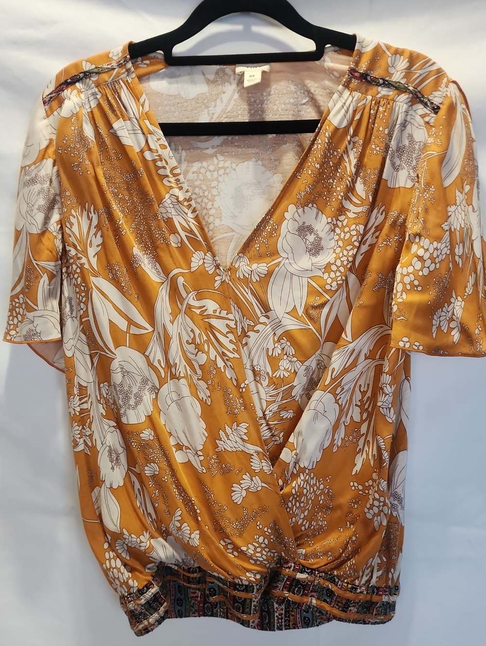 Anthropologie Women's Floral Wrap Blouse in Mustard Yellow